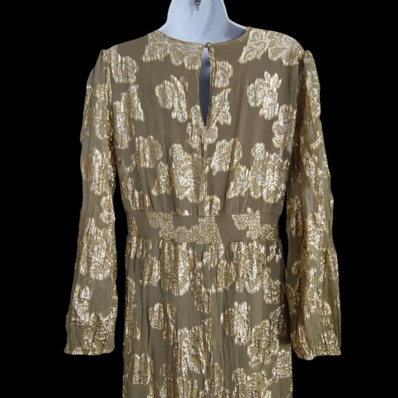 EN CRÈME V-neck Kimono Sleeve Maxi Gold Metallic Dress Boho L - Picture 6 of 12